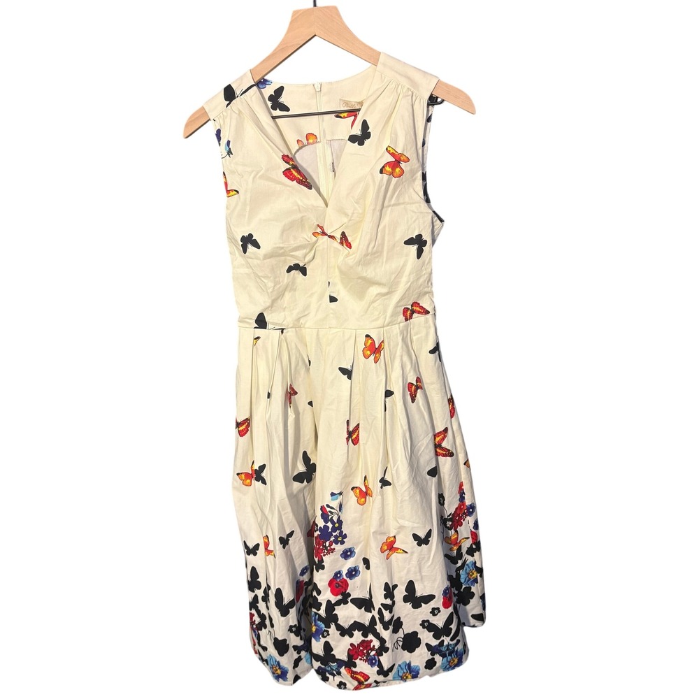 Belle Poque Elegant Retro Butterfly Floral Print Twist Front Dress Cream Small